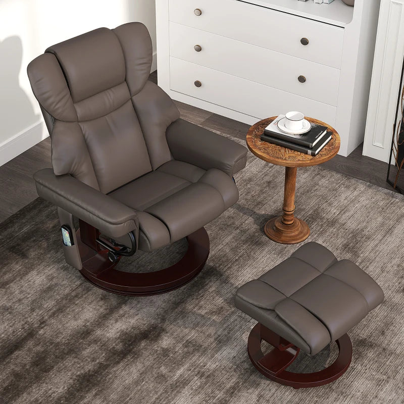 Upholstered Massage Recliner Chair with Footstool, Adjustable Backrest, Swivel Design for Living Room and Bedroom, Brown