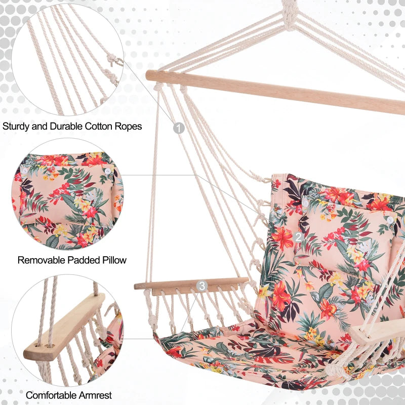 Multicoloured Floral Hanging Hammock Chair with Wooden Arms