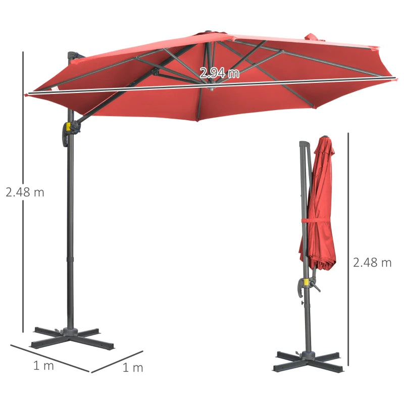 Wine Red 3x3m Cantilever Parasol with Cross Base Crank Handle