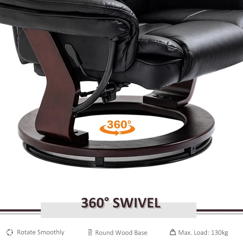 Ergonomic Recliner Chair with Footstool, 130kg Capacity, 135° Reclining Swivel Sofa for Living Room, Black PU Leather