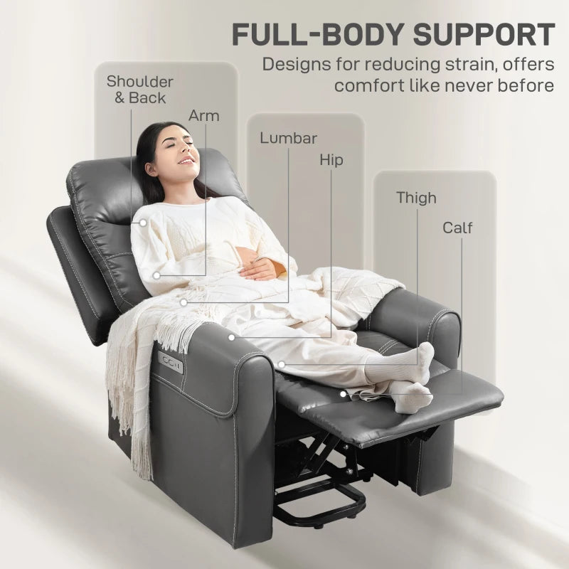 Power Lift Recliner Chair for Elderly - Overstuffed Faux Leather Armchair with USB Ports and Remote Control in Charcoal Grey