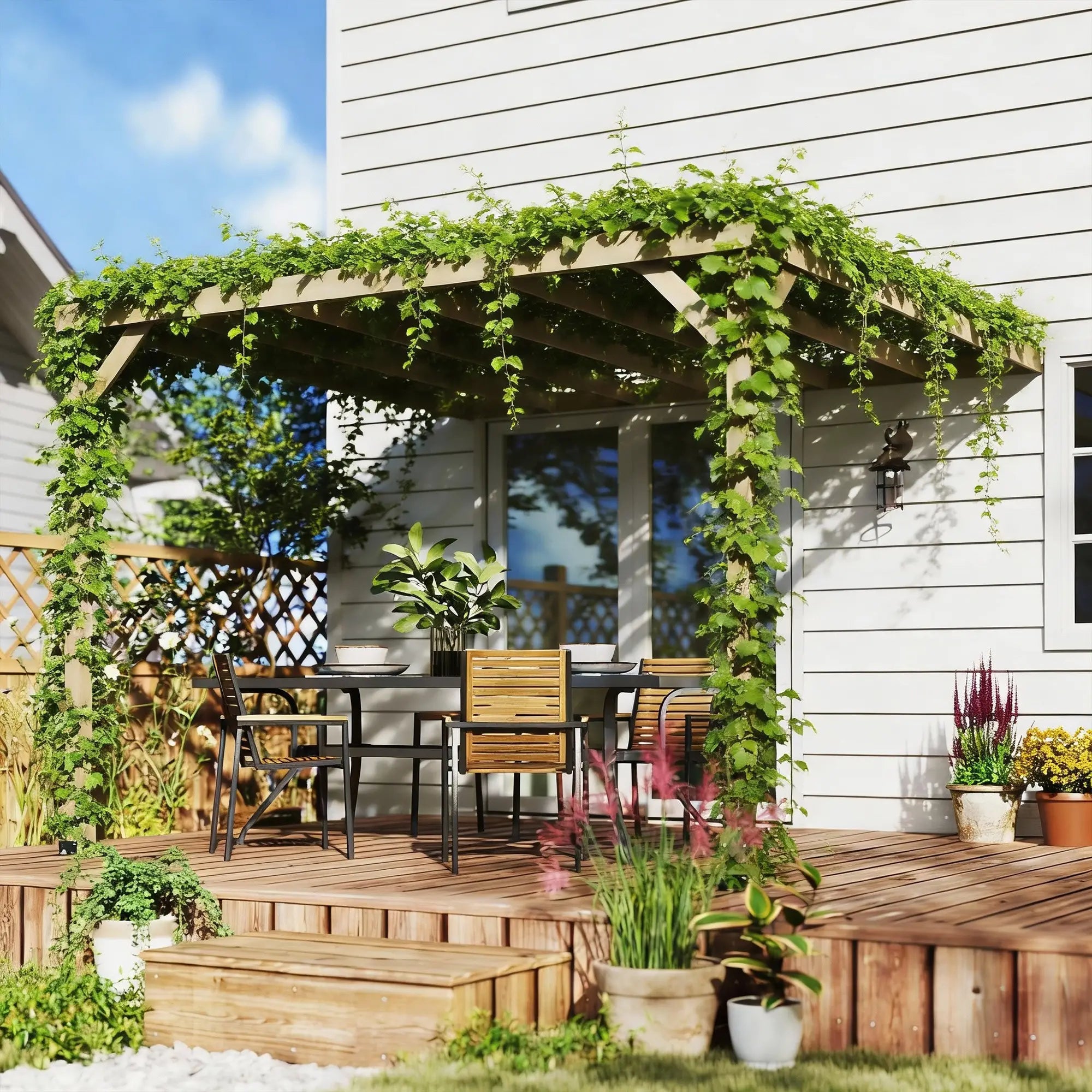 3x3m Lean-To Wooden Pergola Kit – Light Brown Decorative Garden Gazebo with Concrete Anchors & Stable Support Frame