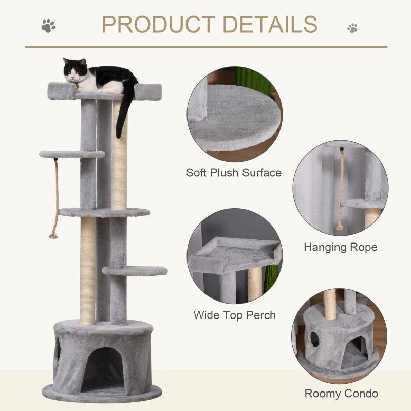 Multi-Level Cat Tree for Indoor Cats - Plush Kitten Tower with Scratching Post, Condo, and Hanging Ropes - Grey Pet Furniture
