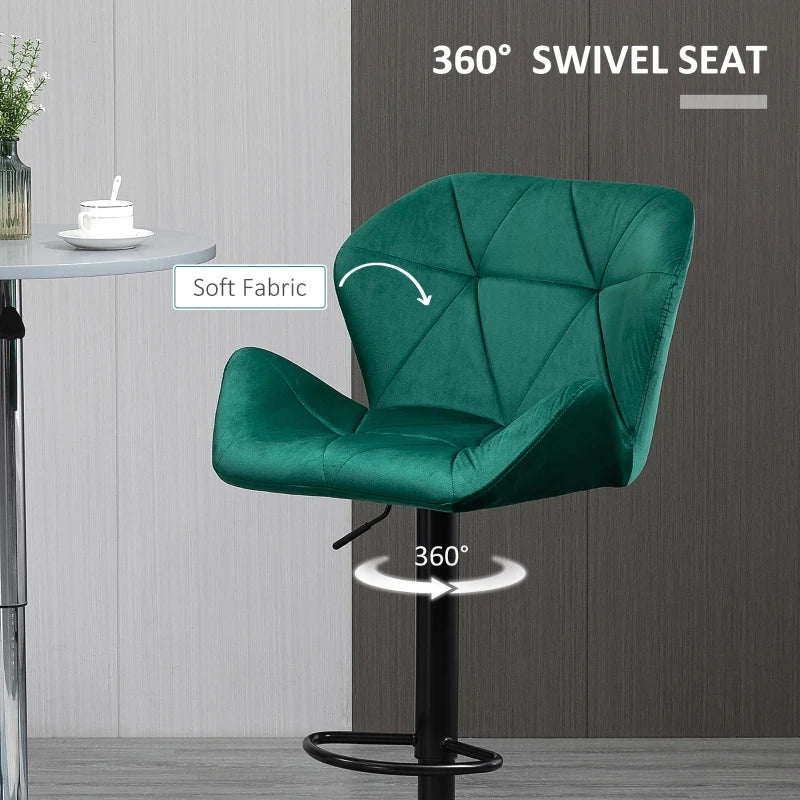 Set of 2 Velvet Bar Stools with Metal Frame Footrest, Adjustable Height, Stylish Green Color for Kitchen or Home Bar