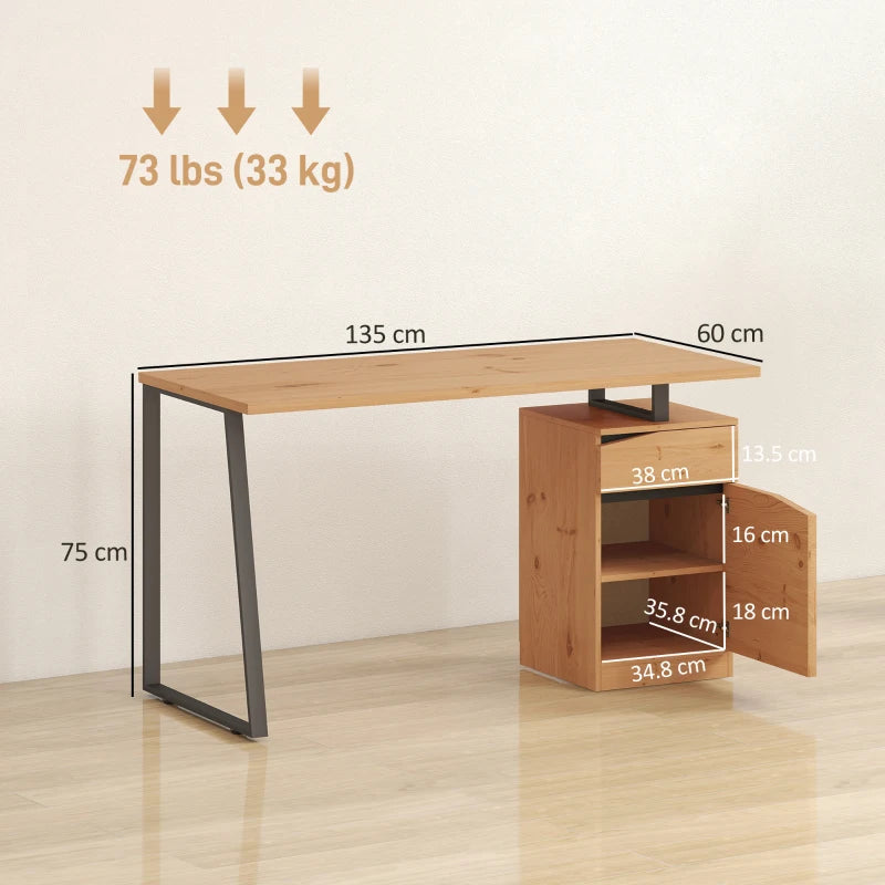 Modern Computer Desk with Cabinet & Drawer - Stylish Writing Desk for Home Office & Study - Metal Legs, Natural Wood Finish
