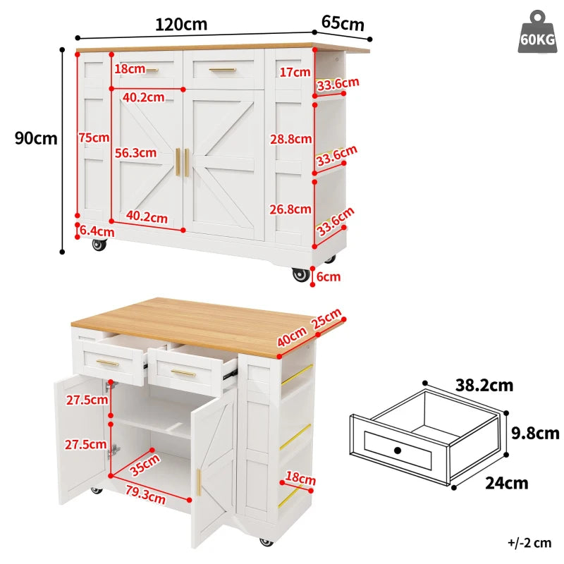 Adjustable Kitchen Island Trolley - Rolling Cart with Drawers & Storage Racks, 120x40x90 cm, White - Easy Stability