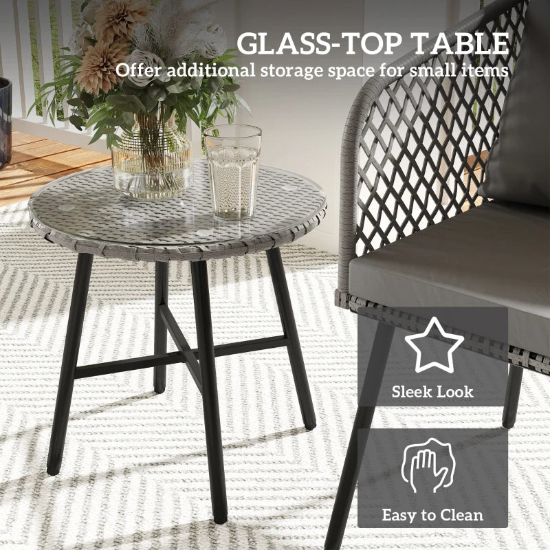 3 Piece Rattan Bistro Set with 2 Chairs & Glass Table for Garden, Balcony, Grey