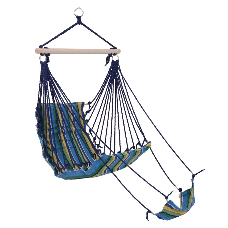 Blue Striped Outdoor Hanging Hammock Swing Chair with Footrest