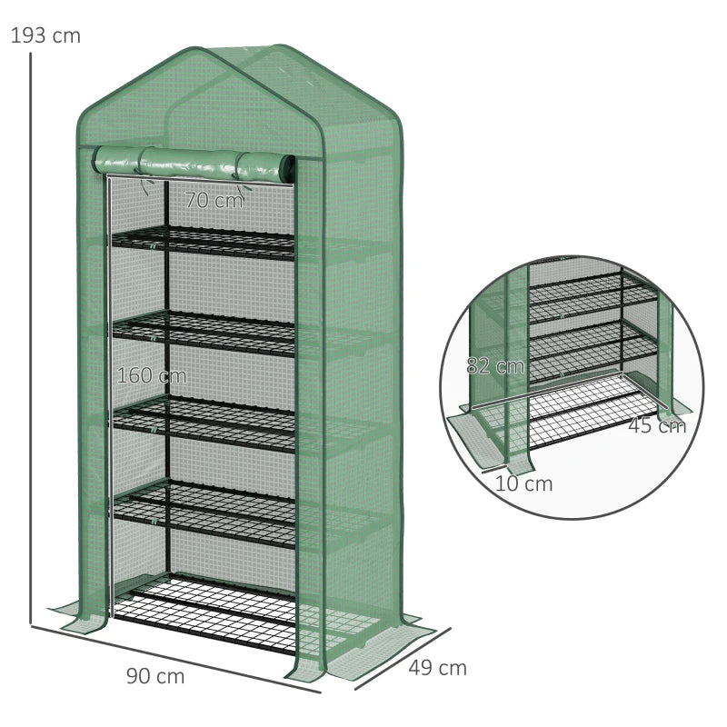 Portable Green 5-Tier Mini Greenhouse with Roll-Up Door, 193H x 90W x 49Dcm