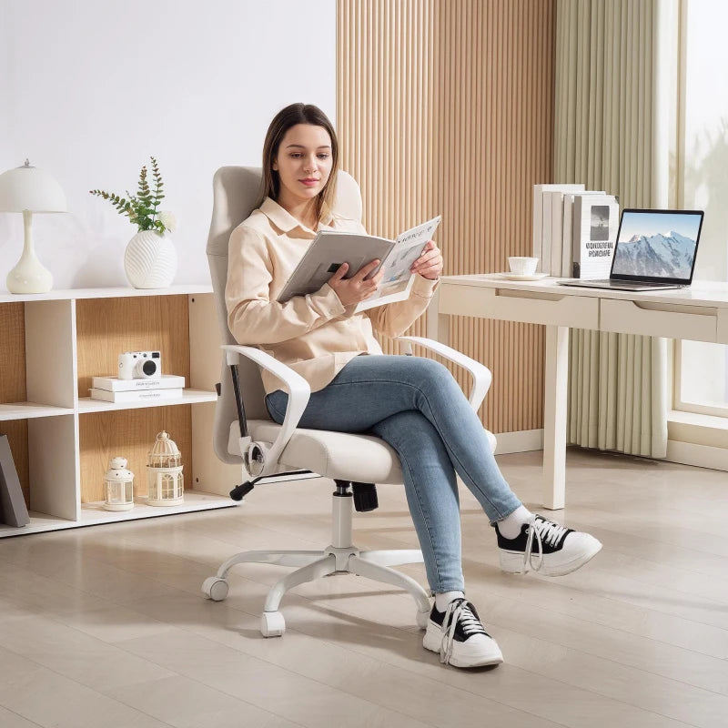 High Back Cream White Fabric Office Chair Ergonomic Design for Comfort