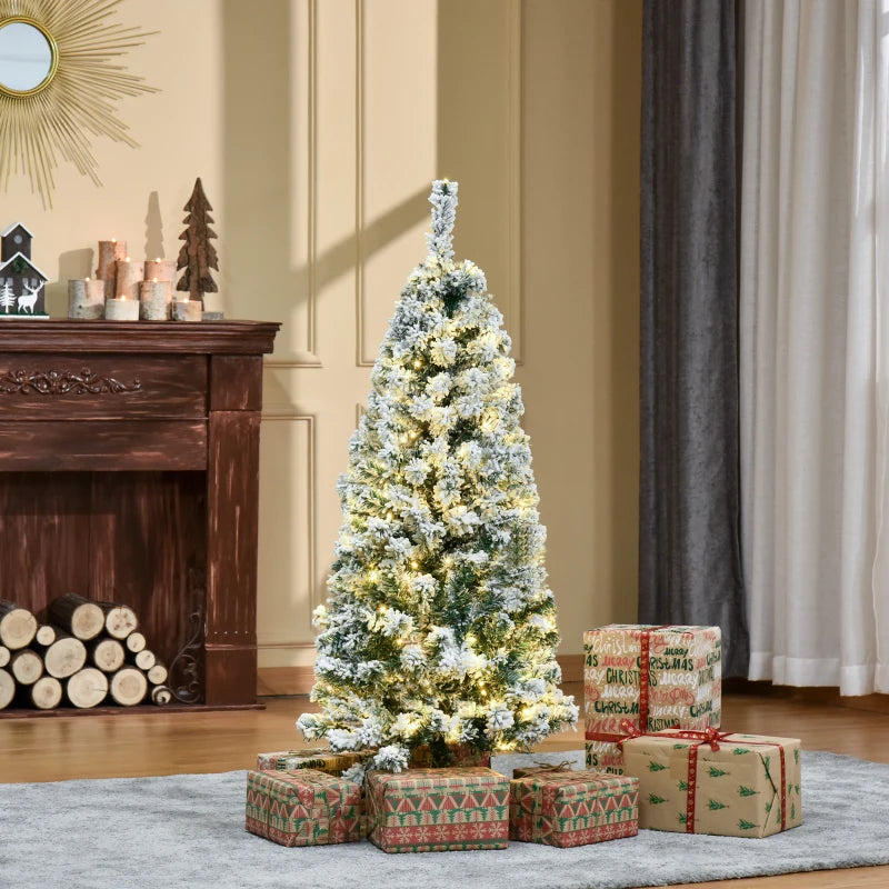 4FT Prelit Snow Flocked Christmas Tree with Warm White LED Lights - Festive Green & White Holiday Home Decoration