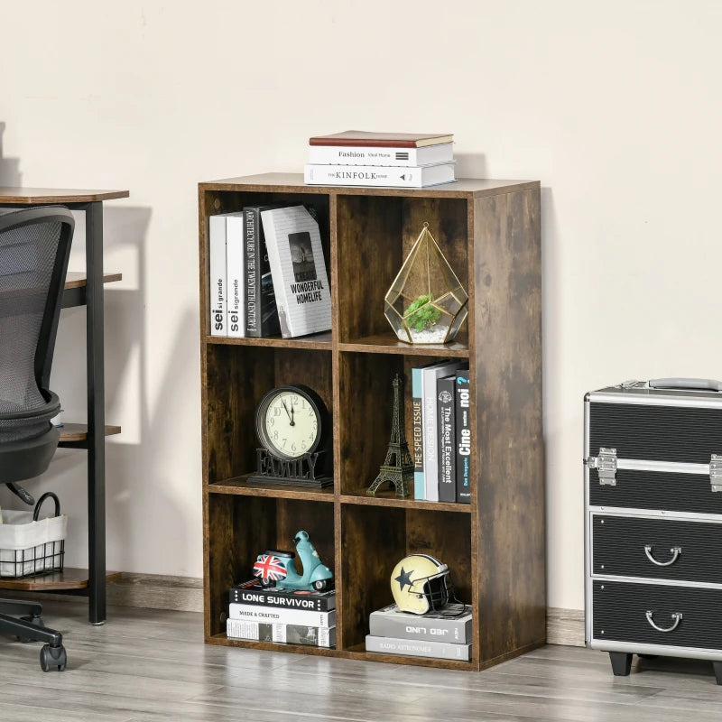 Rustic Brown Six-Cube Bookcase - Stylish Storage Solution for Home & Office, Versatile Wood Effect Design