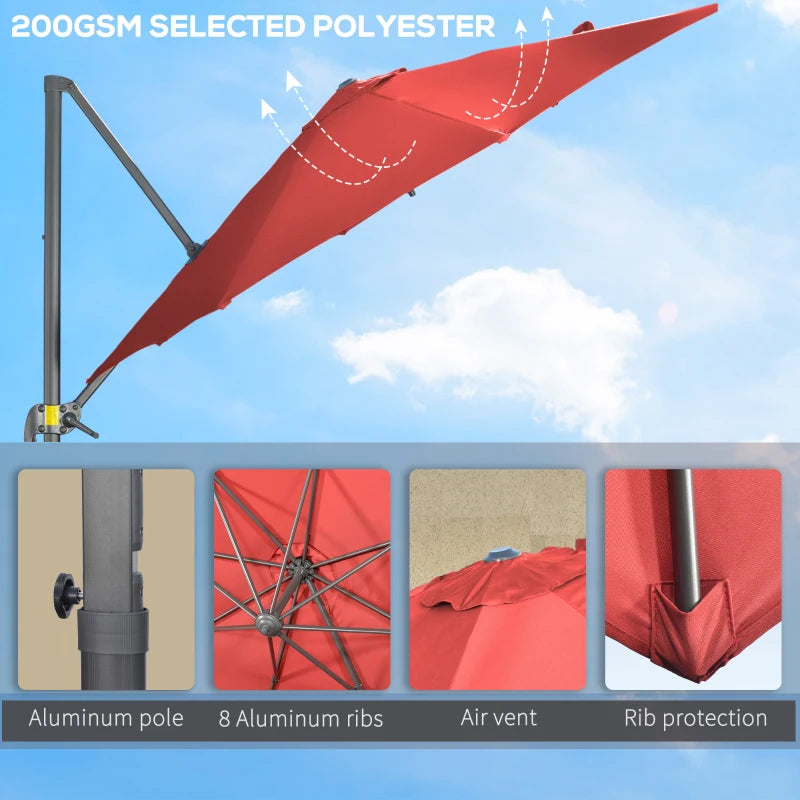 Wine Red 3x3m Cantilever Parasol with Cross Base Crank Handle