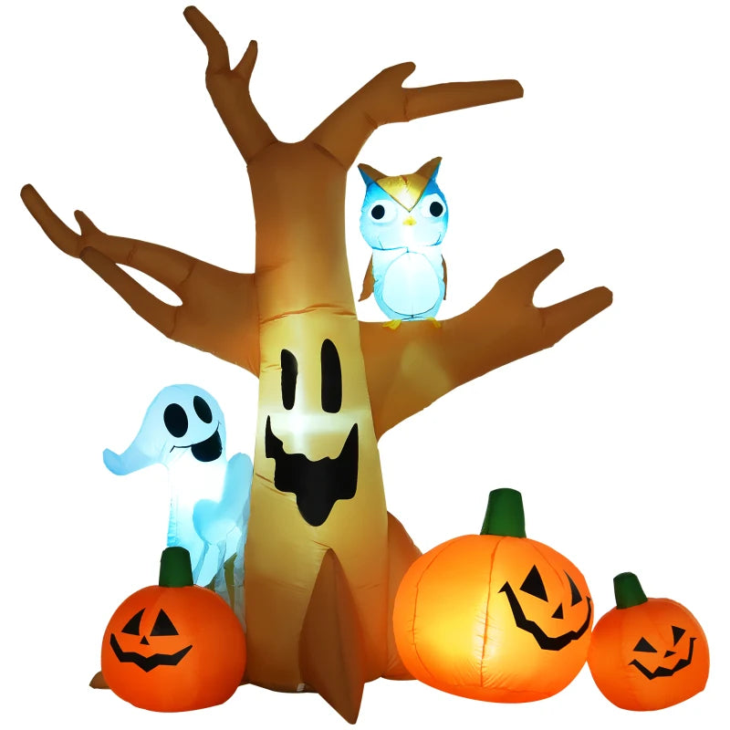 240cm Halloween Inflatable Tree with Ghost, 3 Pumpkins & Owl - Scary LED Holiday Decoration for Indoor & Outdoor