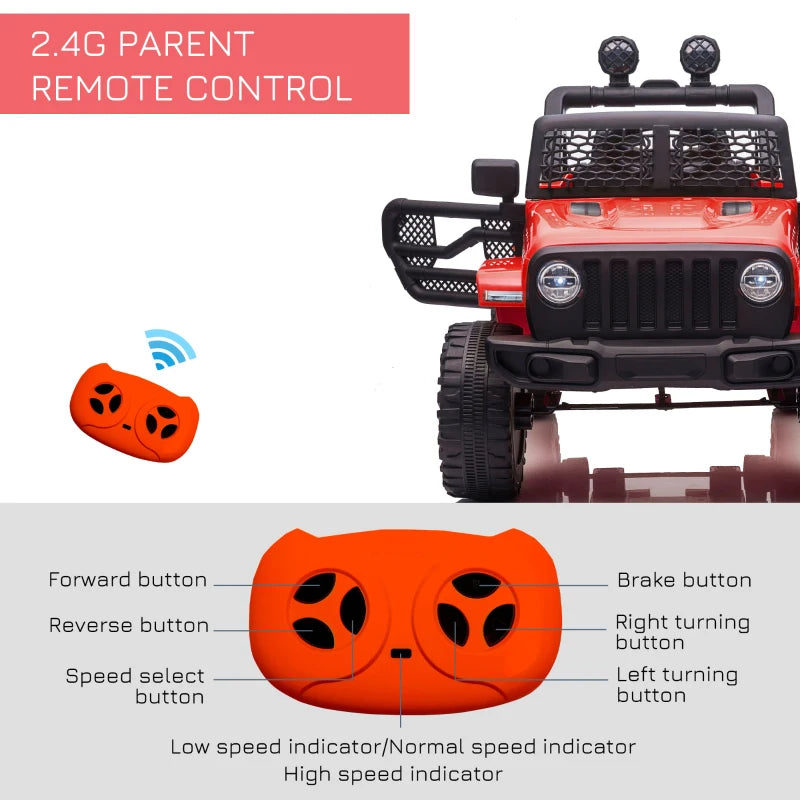 Kids Electric Ride On Car 12V Off Road Toy with Remote Control, 2 Motors, Lights & Suspension for Ages 3-6 - Red