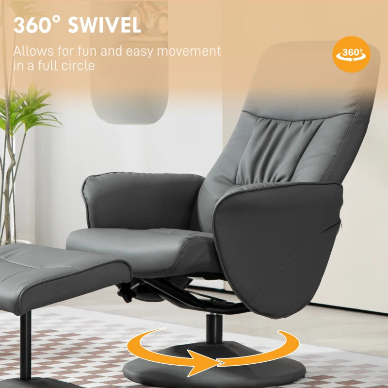 Stylish Grey Swivel Recliner Chair with Footstool - PU Leather Armchair for Living Room Comfort