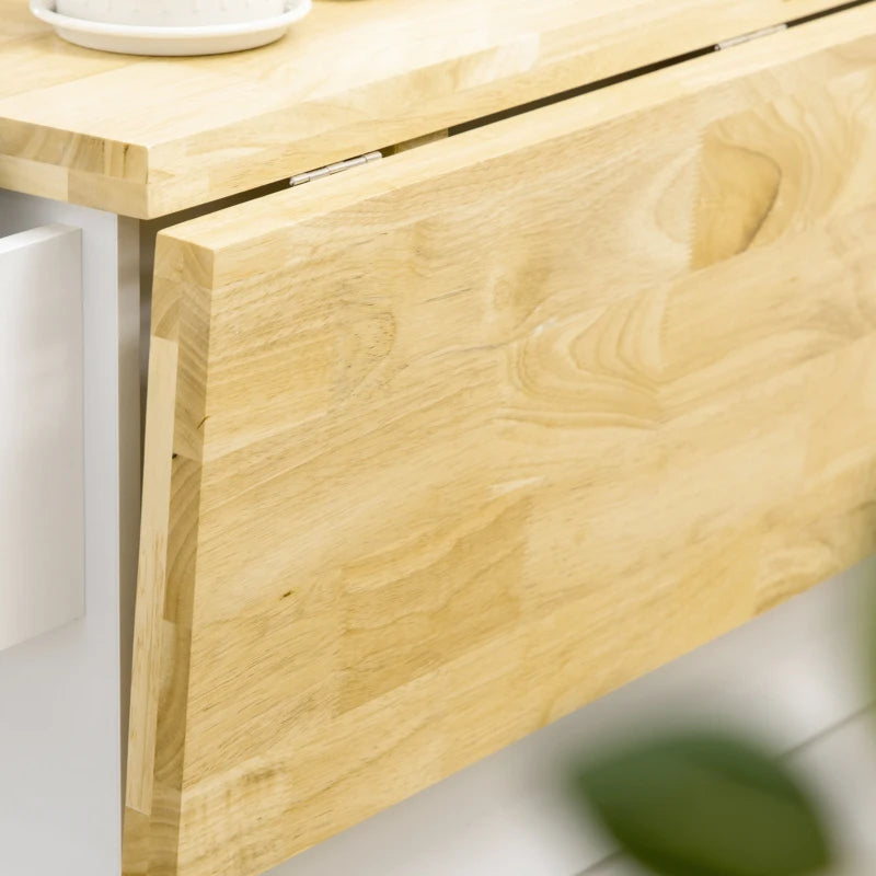 Drop-Leaf Kitchen Island on Wheels - Extendable Rubber Wood Worktop, Rolling Storage Trolley with Drawers & Cabinet, White