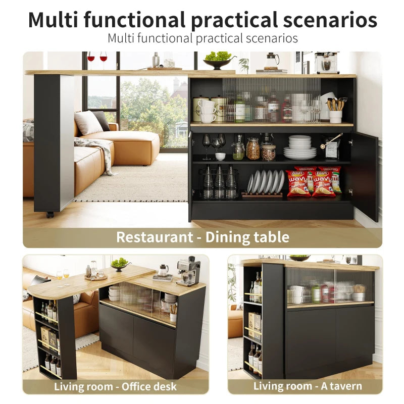 360° Swiveling Black Dining Bar Cabinet with Sliding Glass Doors & Open Shelves - Rotating Table, 90L x 120W x 100H cm