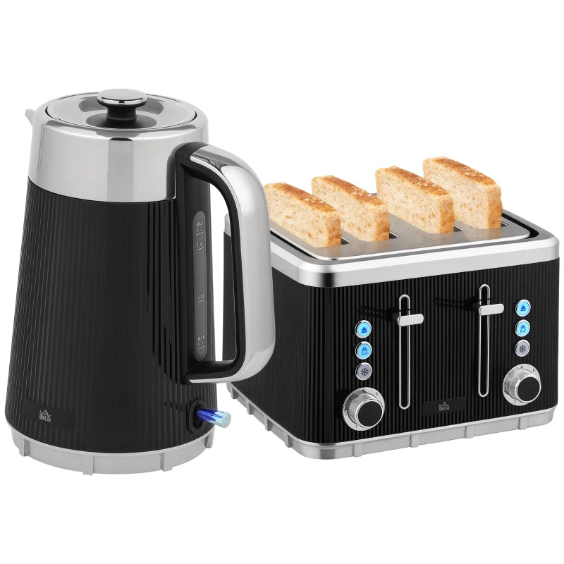 Electric Stainless Steel Kettle & Toaster Set - 3000W Fast Boil 1.7L Kettle with Limescale Filter & 4 Slice Toaster - Black