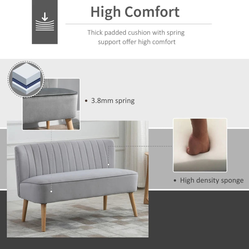 Modern Velvet Double Seat Sofa with Wood Frame and Foam Padding - Soft Compact Couch in Grey