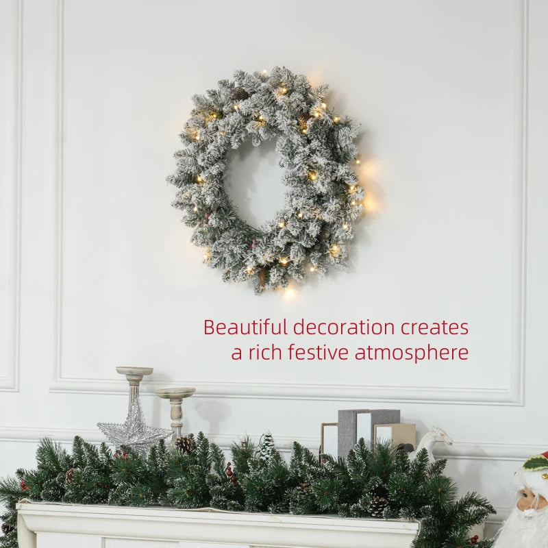 60" Snowy Pine Cone & Berry Christmas Wreath with LED Lights - Festive Holiday Decor for Home & Office