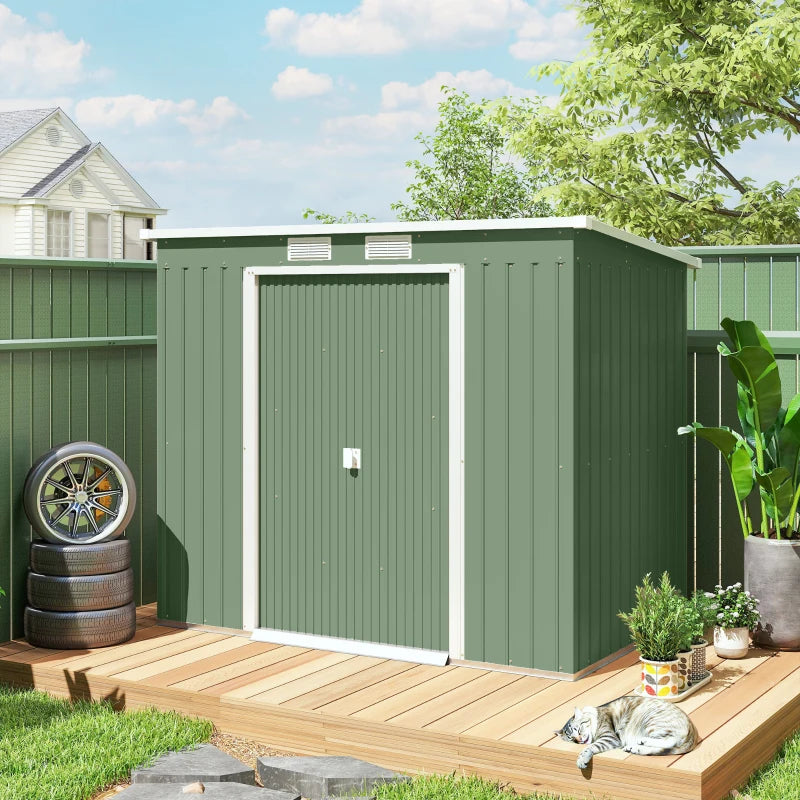 Green 7ft x 4ft Galvanised Steel Garden Shed with Foundation Kit
