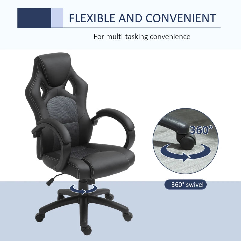 Vinsetto Black Faux Leather Swivel Office Chair with Wheels & Armrests - Ergonomic Computer Desk Chair for Home Office