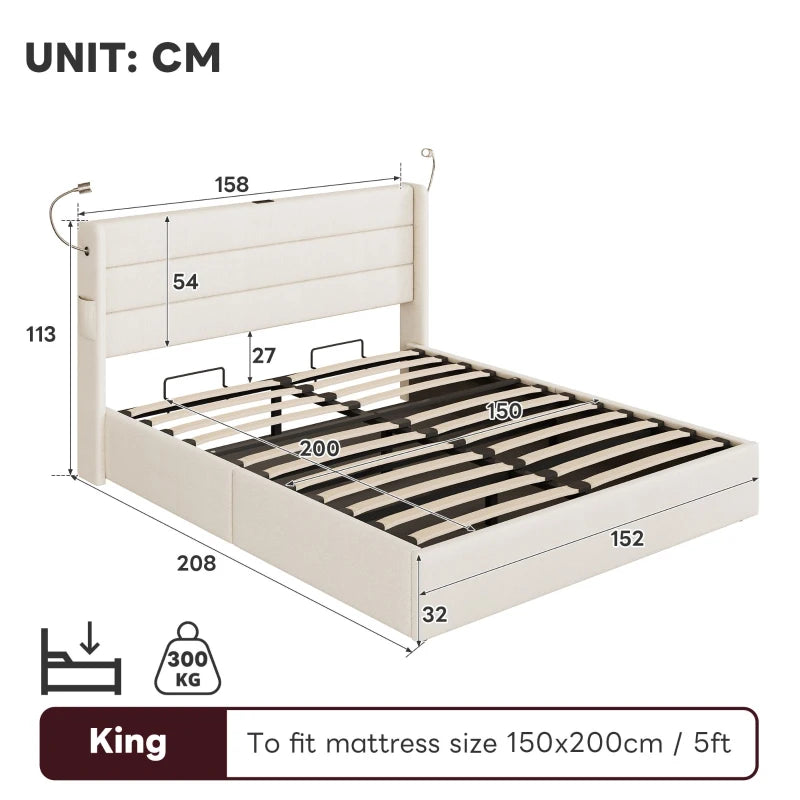 King Upholstered Bed with Hydraulic Storage & LED Reading Light - Beige, 208L x 158W x 113H cm, Stylish Headboard