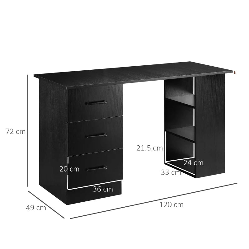 Modern Black Computer Desk with 3 Storage Shelves & Drawers - Stylish Writing Table for Home Office Workstation