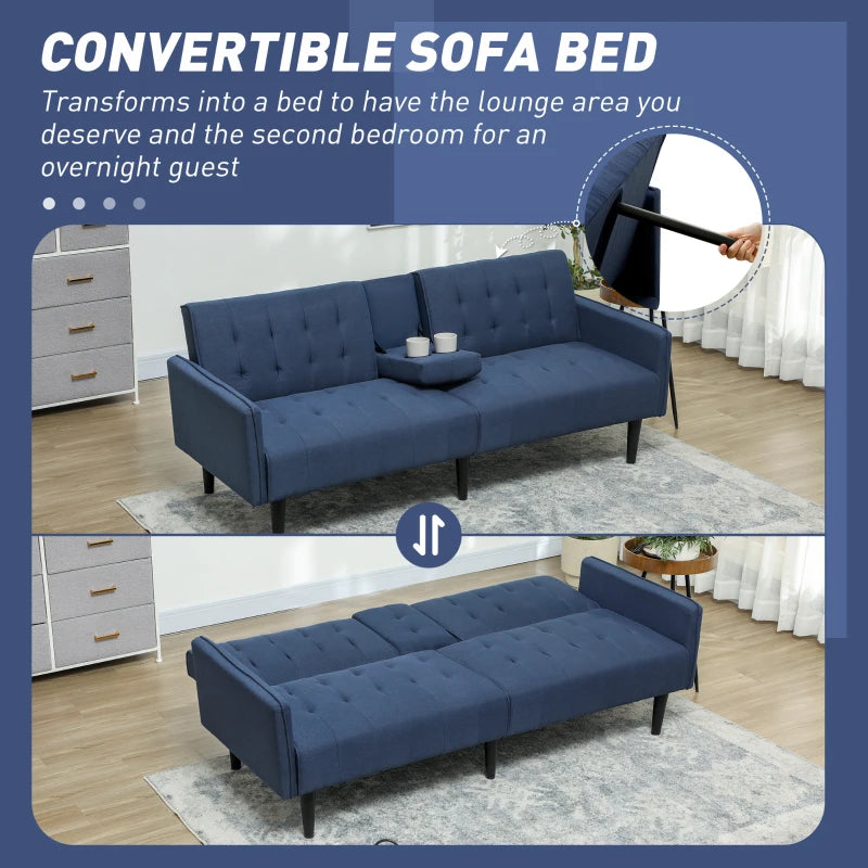 Dark Blue Three-Seater Sofa Bed with Cupholders for Comfort and Style in Your Living Room