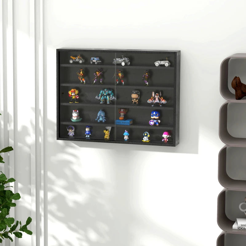 5-Tier Adjustable Wall Display Shelf Unit with Glass Doors - Black Cabinet for Home Office Ornaments, 60x80cm