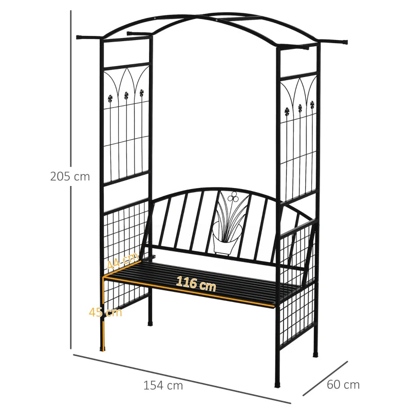 Black Steel Garden Arch with 2-Seater Bench for Flower Climbing