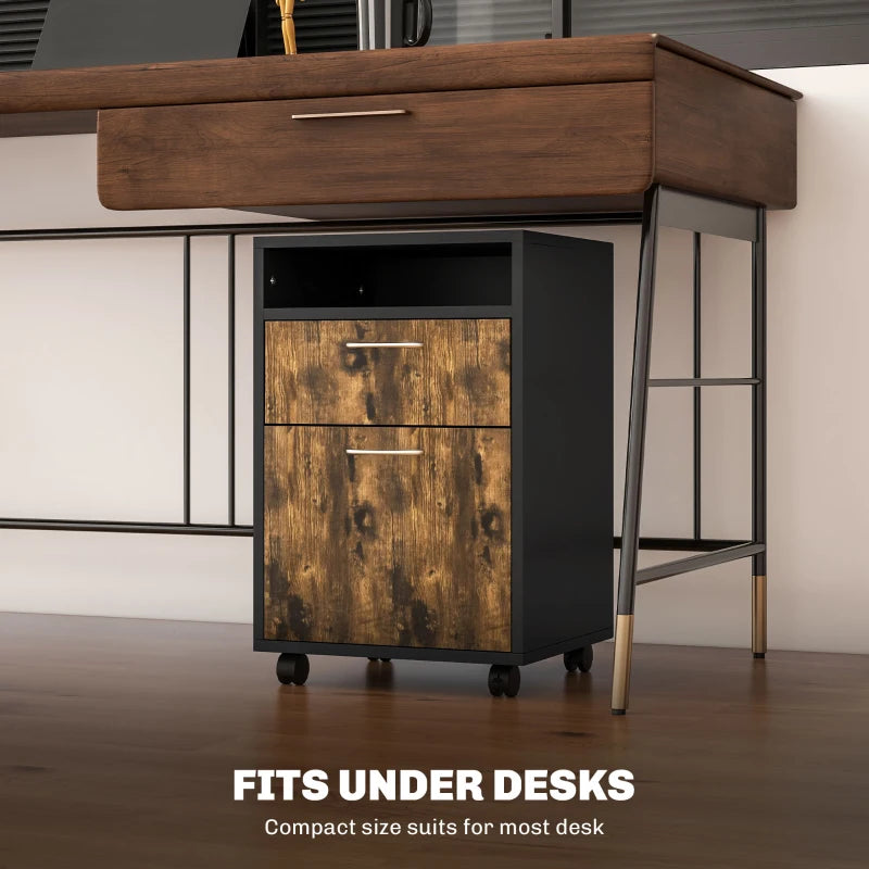 60cm Rustic Brown Filing Cabinet with Drawer & Open Shelf, Mobile Office Organizer on 4 Wheels, Metal Handles