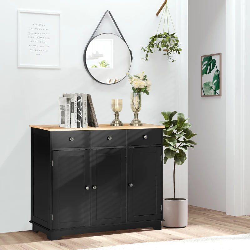 Elegant Black Sideboard with Rubberwood Top & Adjustable Shelves - Perfect for Dining Room & Kitchen Storage