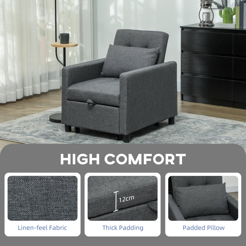 Convertible 3-in-1 Chair Bed with Adjustable Backrest, Pillow and Footrest for Living Room in Dark Grey