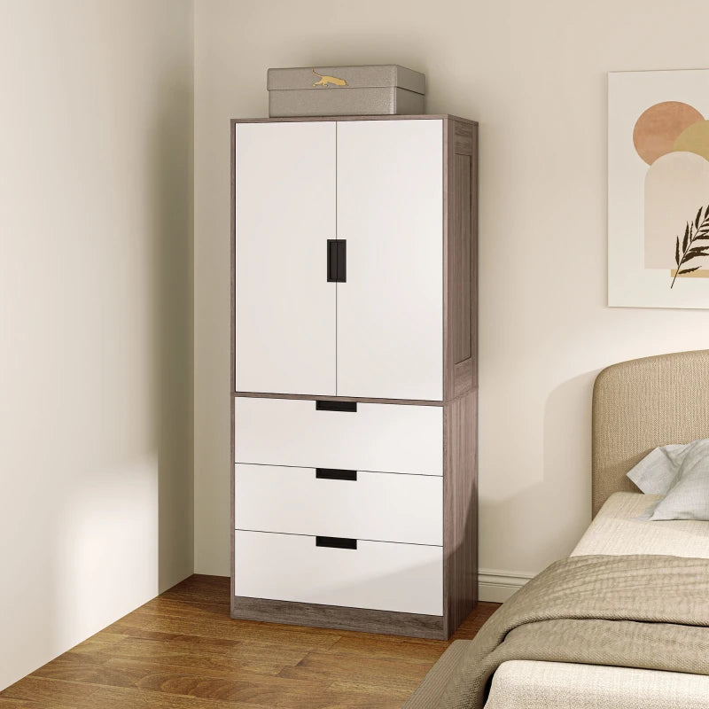 Stylish Two Door Wardrobe with Drawers for Bedroom Storage in White and Brown