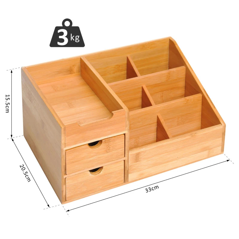 Bamboo Desk Organiser Caddy - Multi-Function Storage Holder with 7 Compartments & 2 Drawers for Home Office Supplies