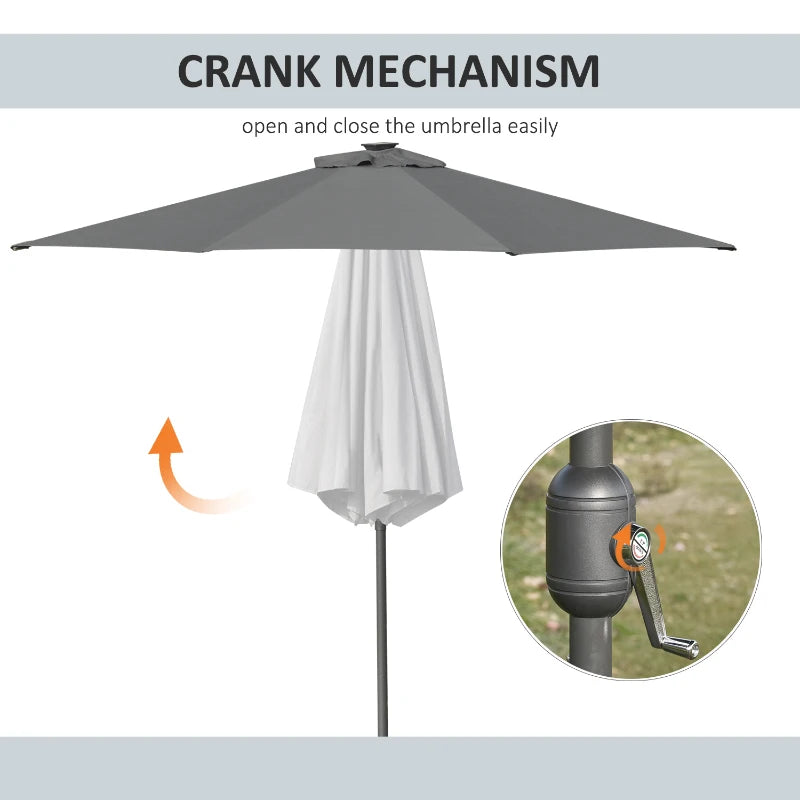 Grey 2.7m Patio Garden Umbrella with Tilt Crank and LED Lights