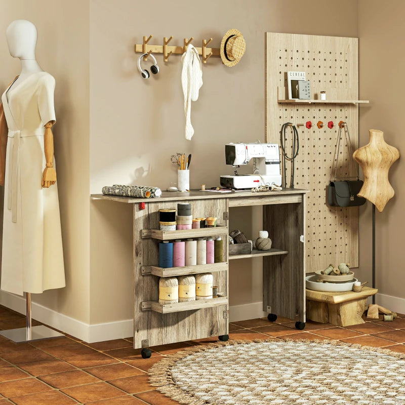 Folding Sewing Table with Drop Leaf & Storage Bins - Rolling Craft Table for Small Spaces, Grey