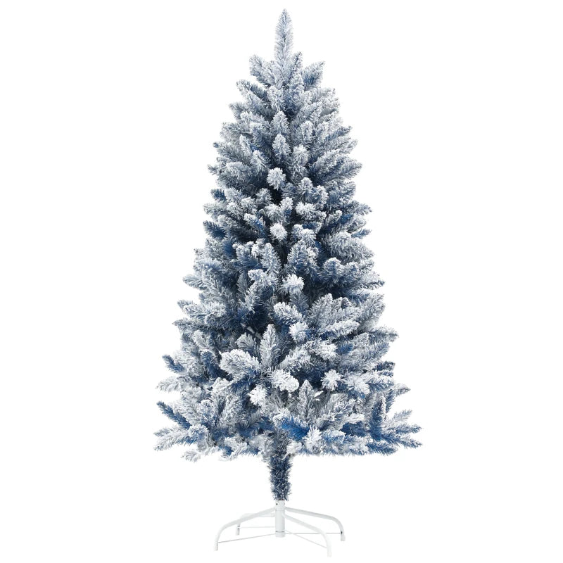 5ft Flocked Blue Artificial Christmas Tree with 450 Snow Frosted Tips & Metal Stand - Snowy Hinged Xmas Decor