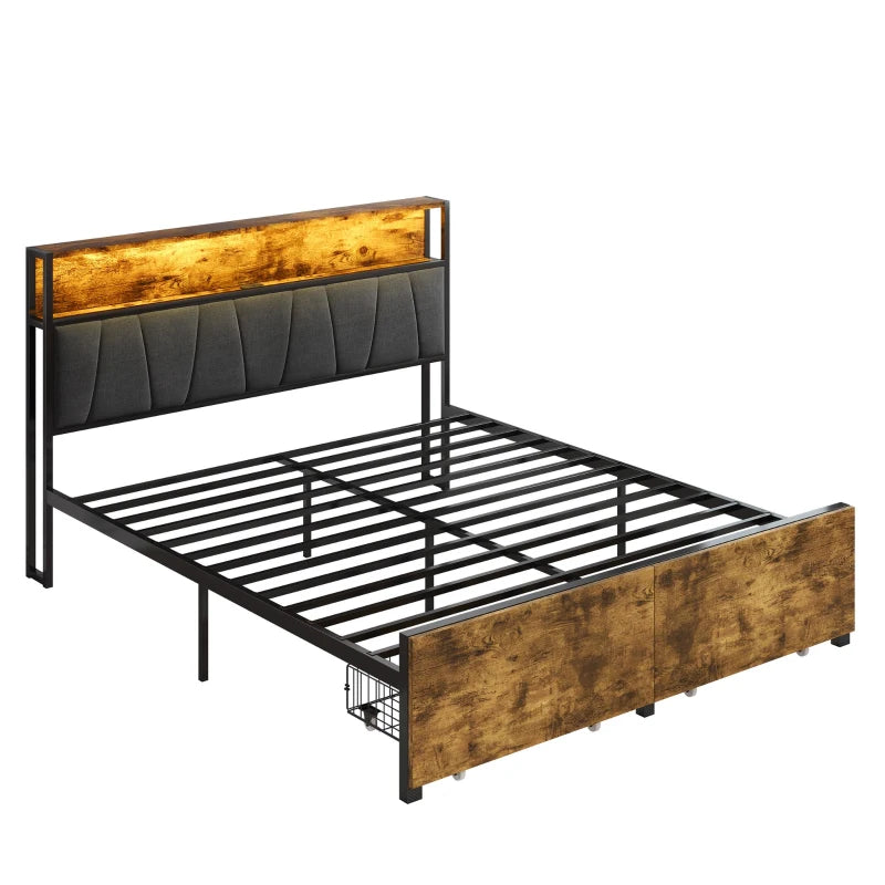 Stylish Black & Dark Walnut Double Bed Frame with Storage Drawers, RGB LED Headboard & Charging Station - 205L x 136W x 116H cm