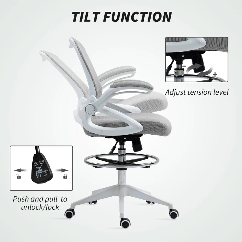 Vinsetto Height Adjustable Drafting Chair with Flip-up Armrest, Mesh Office Stool, 360° Swivel for Standing Desk - Light Grey