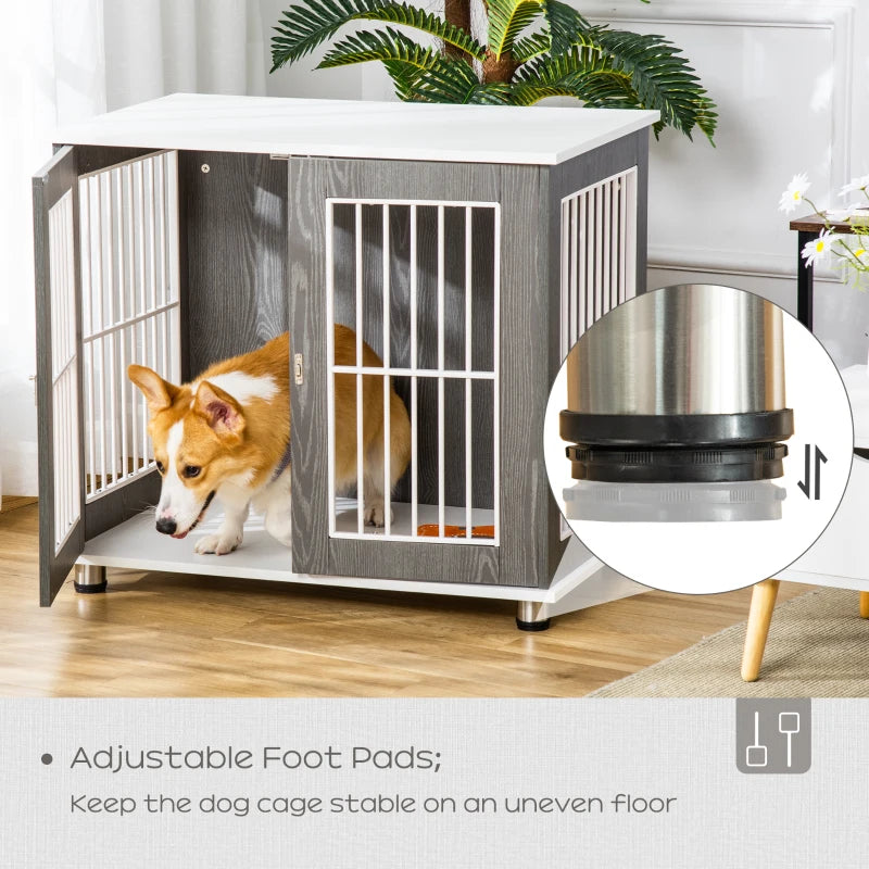 Wooden Dog Crate End Table Kennel with Lockable Door for Small & Medium Dogs - Grey & White, 85x55x75 cm