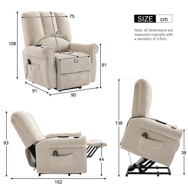 Electric Power Lift Massage Chair with Heating, Side Pockets, Stand Assist, Cup Holders, Recliner for Elderly, Beige
