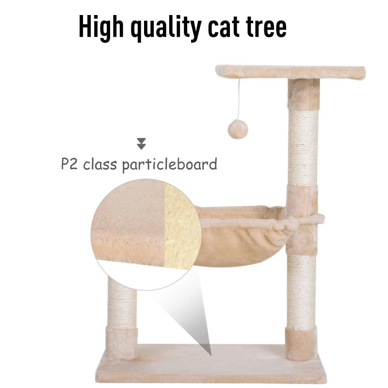 Beige Cat Scratch Post with Bed - Indoor Cat Tree & Hammock, Sisal Scratching Posts for Active Kittens