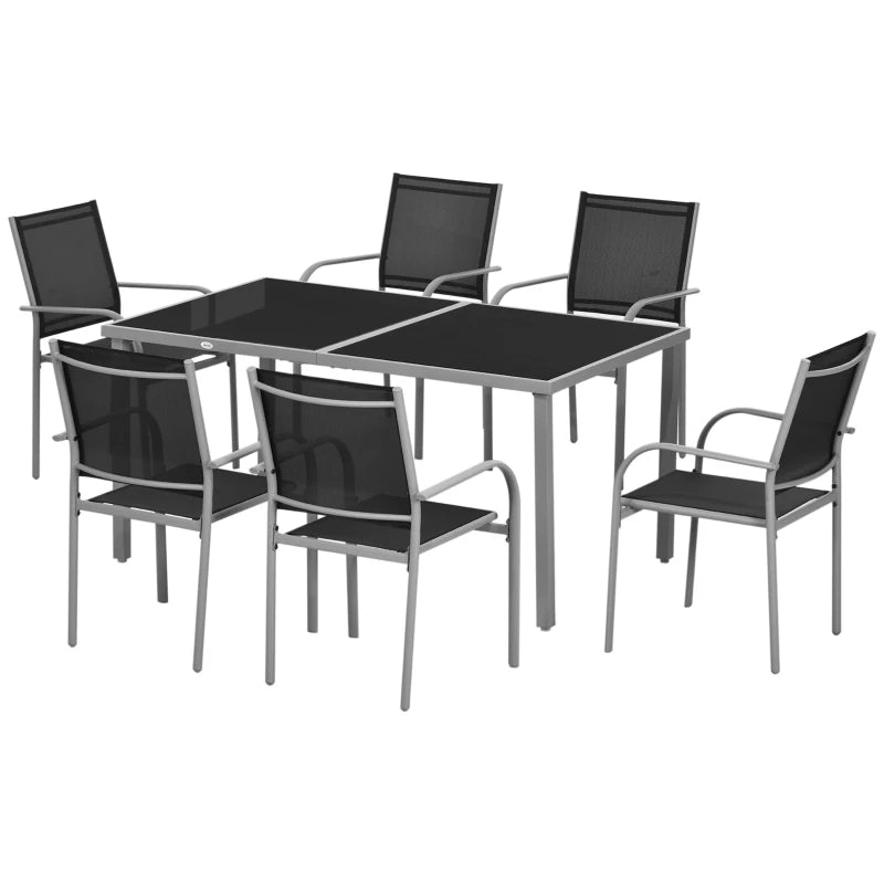 7 Piece Outdoor Garden Dining Set with Table and 6 Stackable Chairs Steel Frame Tempered Glass Top