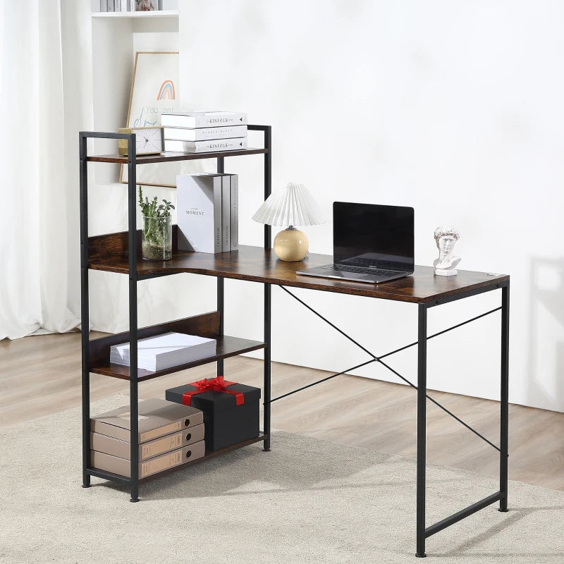 Rustic Brown 120CM Office Desk with Storage Shelves - Industrial Computer Table for Small Home Office Spaces