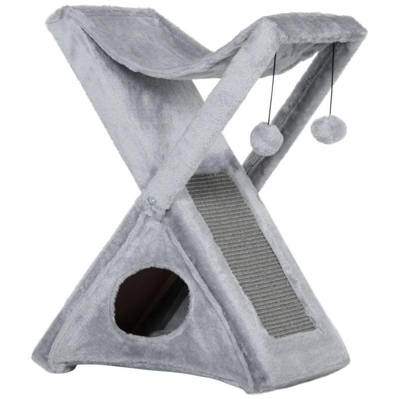 Two Tier Cat Tree for Indoor Cats - Plush Folding Activity Tower with Scratching Post, Hammock & Pom Poms - Grey