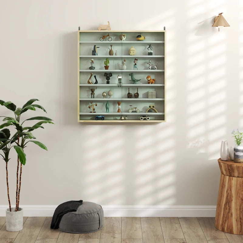 7-Tier Oak Wall Display Shelf Unit with Glass Doors & 6 Adjustable Shelves for Home Office Ornaments - 83x80cm