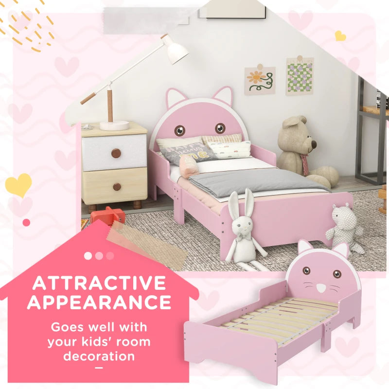 ZONEKIZ Kids Cat Design Toddler Bed Frame with Guardrails - Pink Bedroom Furniture for Ages 3-6, 143x74x72cm